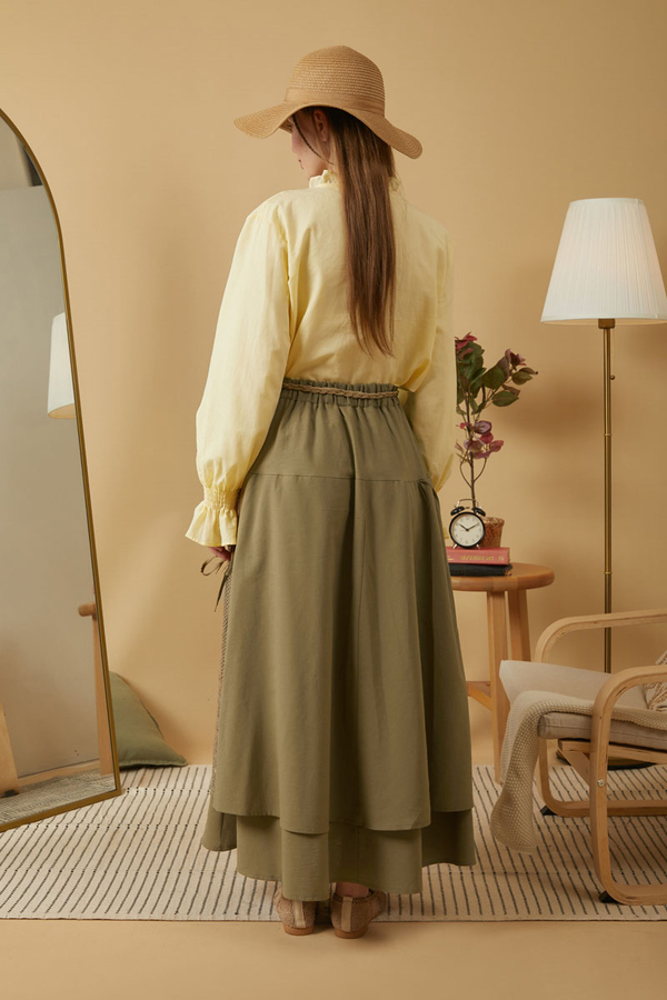 Lace Detailed Linen Skirt Khaki - 6