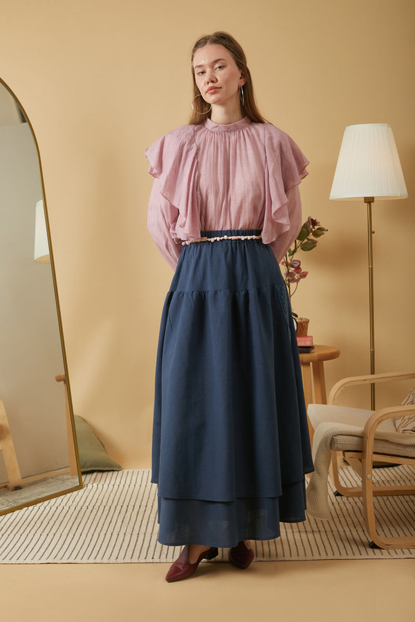 Lace Detailed Linen Skirt Navy Blue - 3