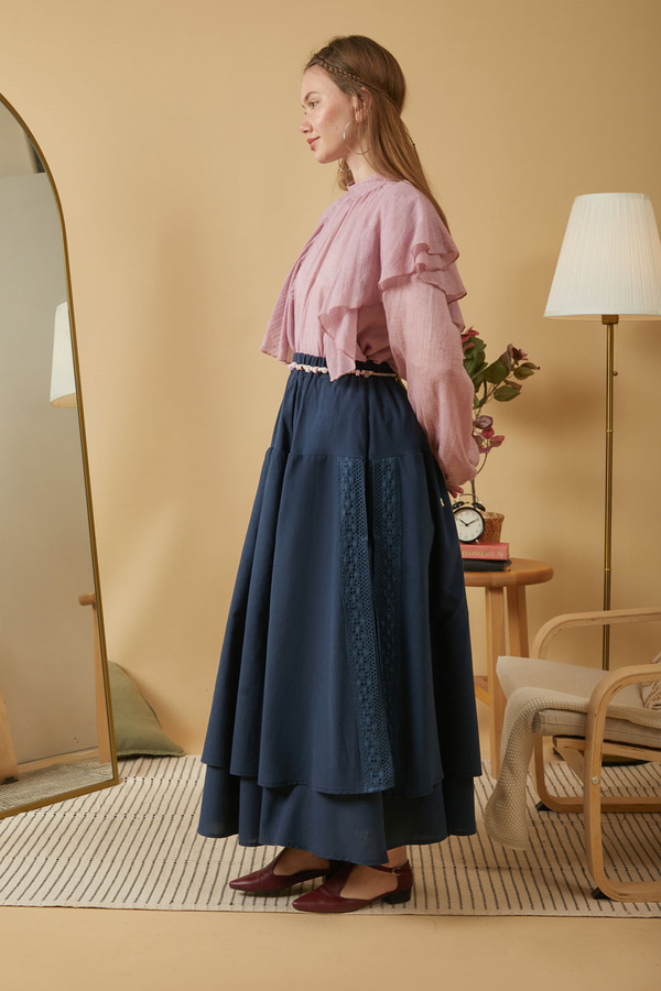 Lace Detailed Linen Skirt Navy Blue - 6