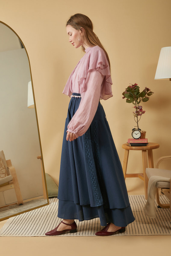 Lace Detailed Linen Skirt Navy Blue - 4