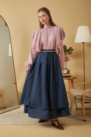 Lace Detailed Linen Skirt Navy Blue - 1