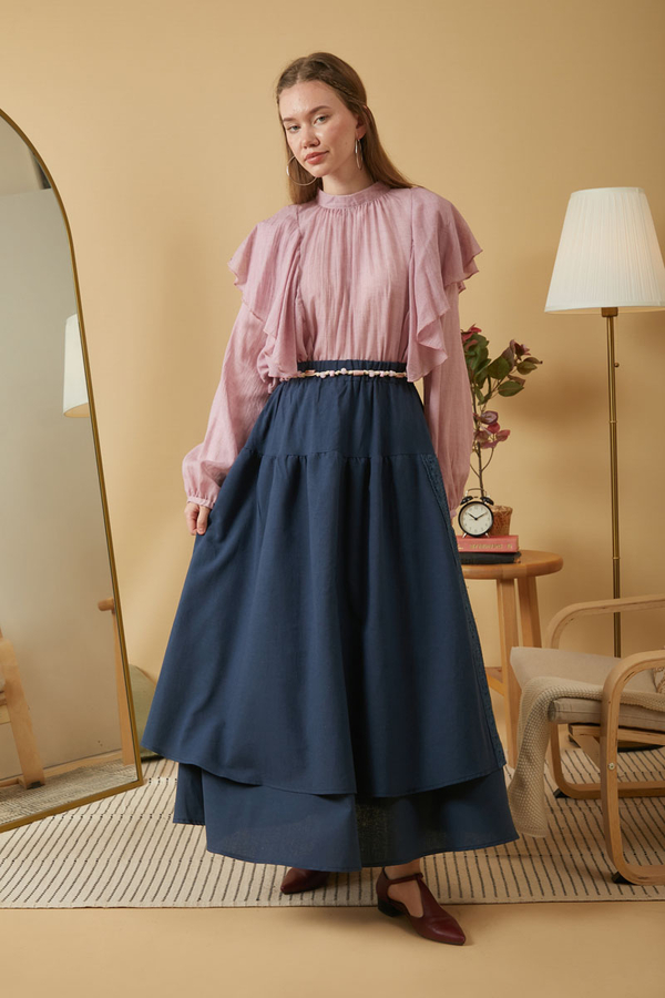 Lace Detailed Linen Skirt Navy Blue - 1