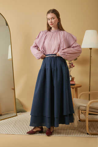 Lace Detailed Linen Skirt Navy Blue - 7