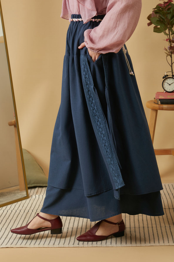 Lace Detailed Linen Skirt Navy Blue - 8