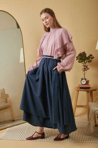Lace Detailed Linen Skirt Navy Blue - 9