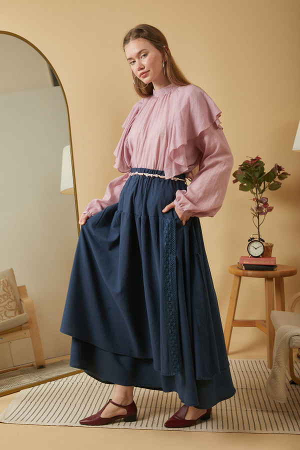 Lace Detailed Linen Skirt Navy Blue - 9