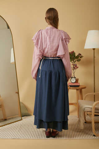 Lace Detailed Linen Skirt Navy Blue - 11