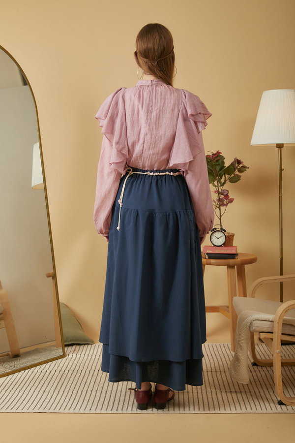 Lace Detailed Linen Skirt Navy Blue - 11