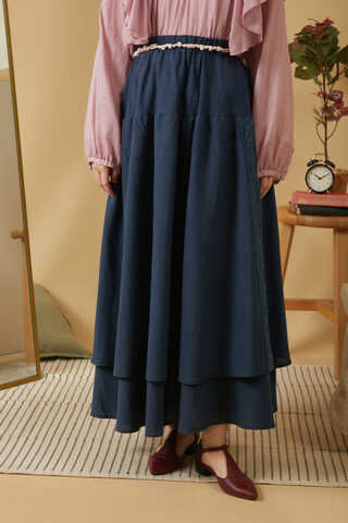 Lace Detailed Linen Skirt Navy Blue - 5