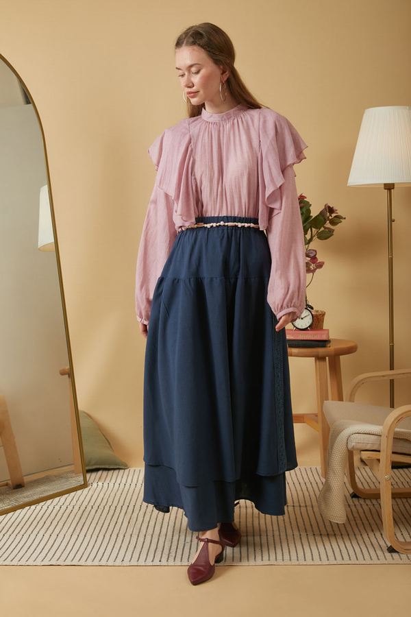 Lace Detailed Linen Skirt Navy Blue - 10