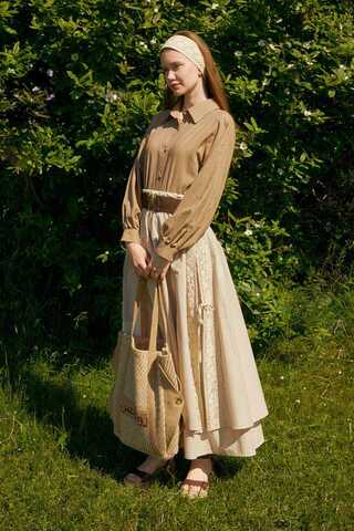 Lace Detailed Linen Skirt Stone - 6