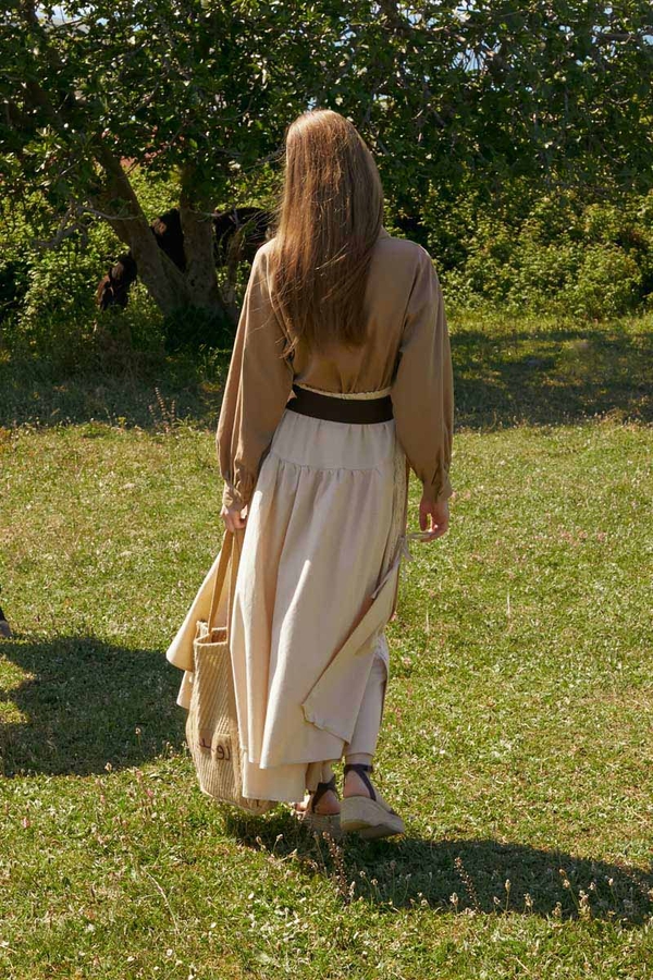 Lace Detailed Linen Skirt Stone - 11