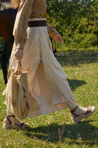 Lace Detailed Linen Skirt Stone - 9