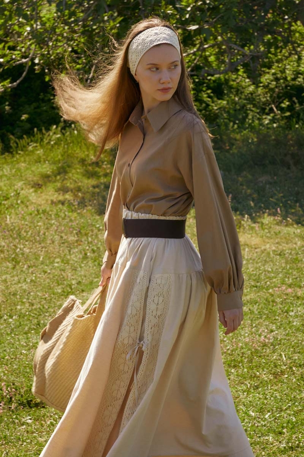 Lace Detailed Linen Skirt Stone - 10