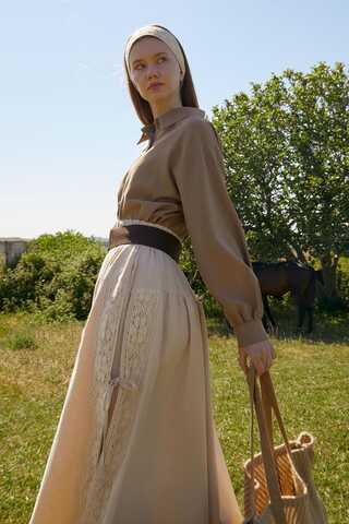 Lace Detailed Linen Skirt Stone - 7