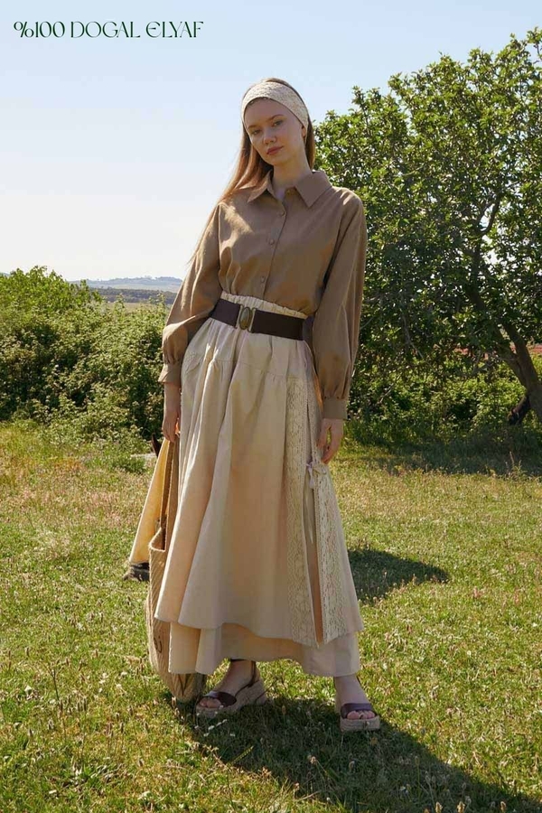 Lace Detailed Linen Skirt Stone - 5