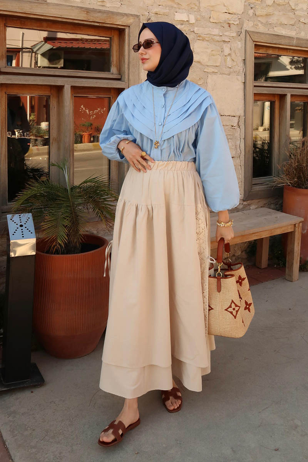 Lace Detailed Linen Skirt Stone - 3