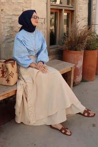 Lace Detailed Linen Skirt Stone - 1