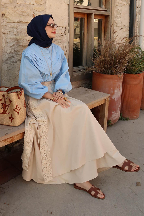 Lace Detailed Linen Skirt Stone - 1