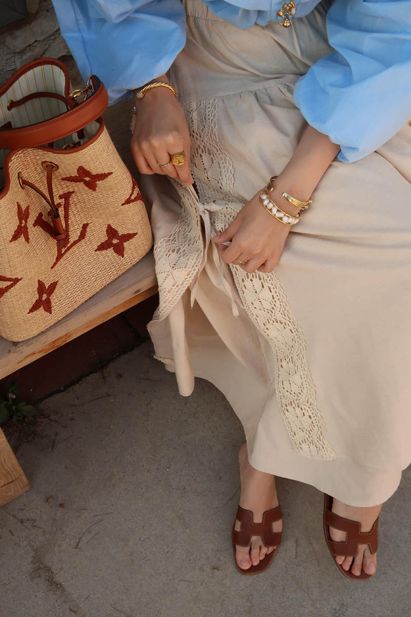 Lace Detailed Linen Skirt Stone - 2