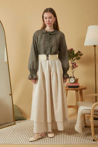 Lace Detailed Linen Skirt Stone - 4