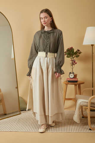 Lace Detailed Linen Skirt Stone - 12