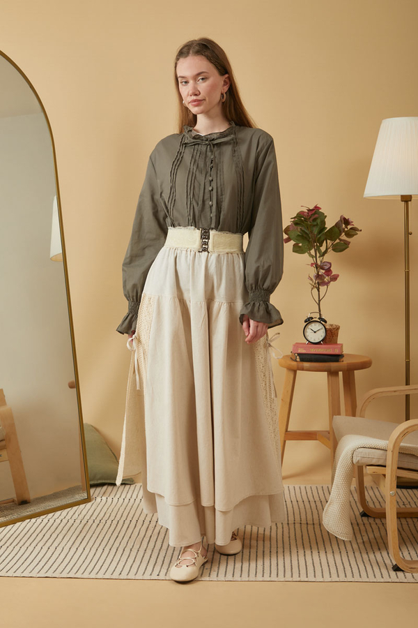 Lace Detailed Linen Skirt Stone - 12