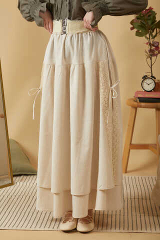 Lace Detailed Linen Skirt Stone - 13
