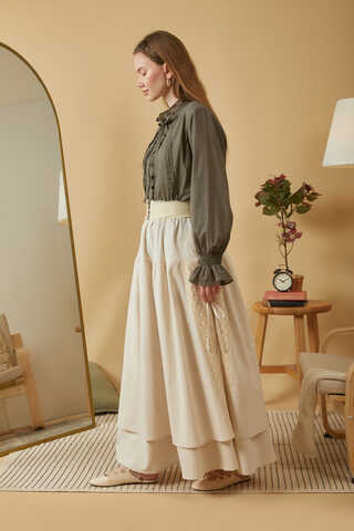 Lace Detailed Linen Skirt Stone - 14
