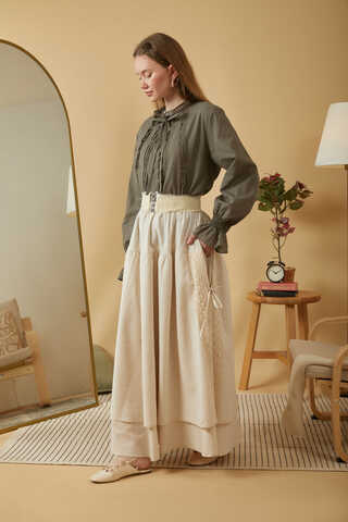 Lace Detailed Linen Skirt Stone - 15