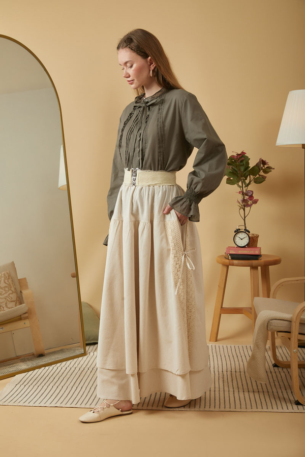 Lace Detailed Linen Skirt Stone - 15