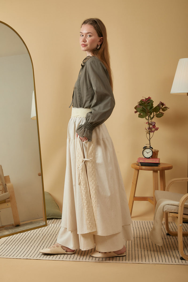 Lace Detailed Linen Skirt Stone - 16