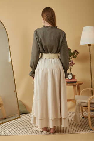 Lace Detailed Linen Skirt Stone - 19