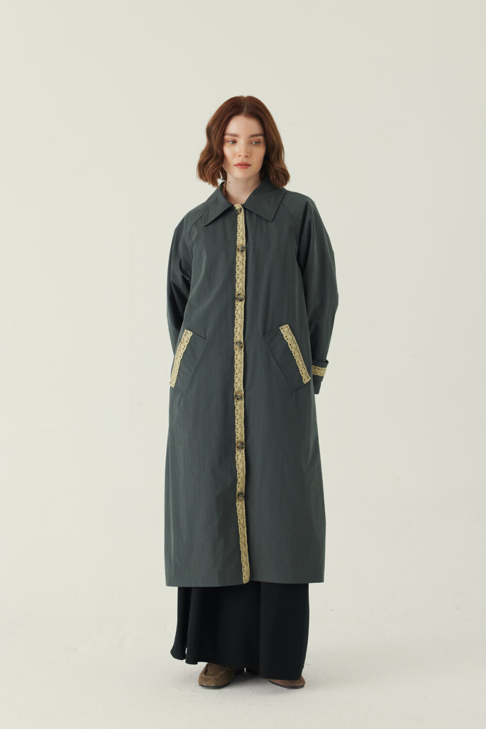 Lace Detailed Long Trench Coat Anthracite