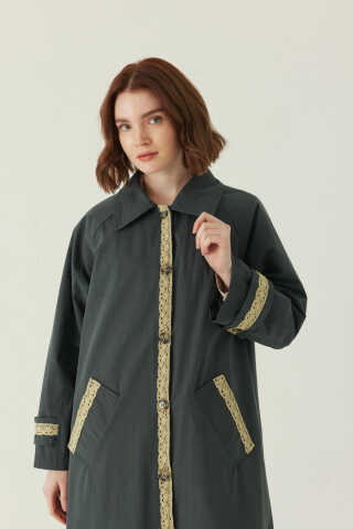 Lace Detailed Long Trench Coat Anthracite - 2