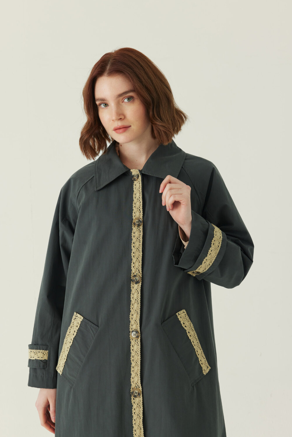 Lace Detailed Long Trench Coat Anthracite - 2