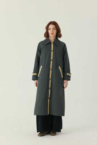 Lace Detailed Long Trench Coat Anthracite - 5