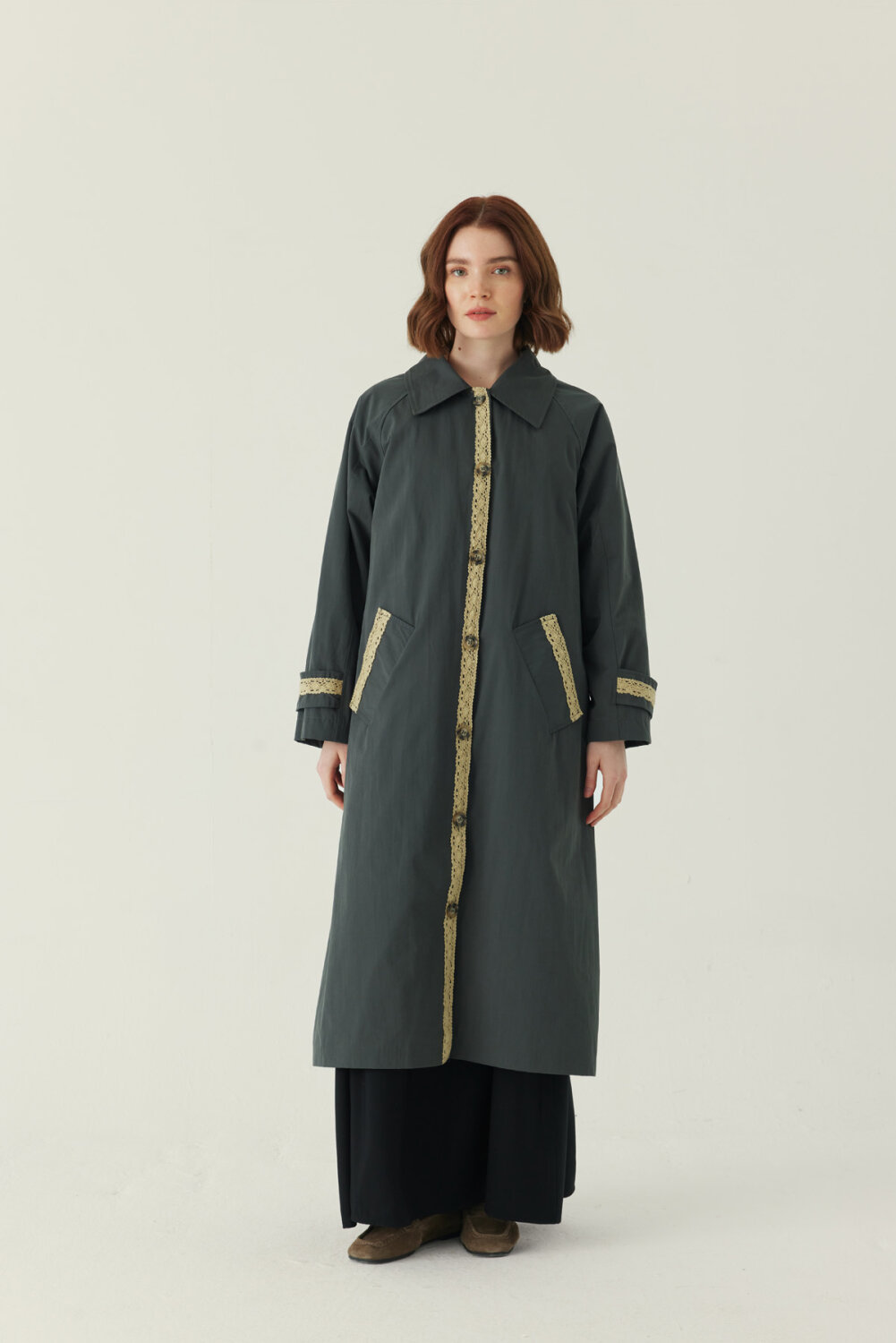 Lace Detailed Long Trench Coat Anthracite - 5