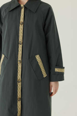 Lace Detailed Long Trench Coat Anthracite - 3