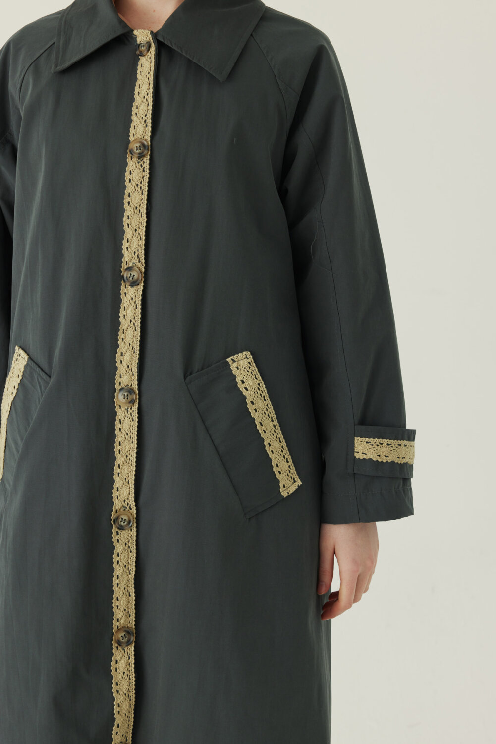 Lace Detailed Long Trench Coat Anthracite - 3