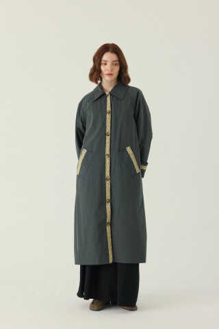 Lace Detailed Long Trench Coat Anthracite - 1