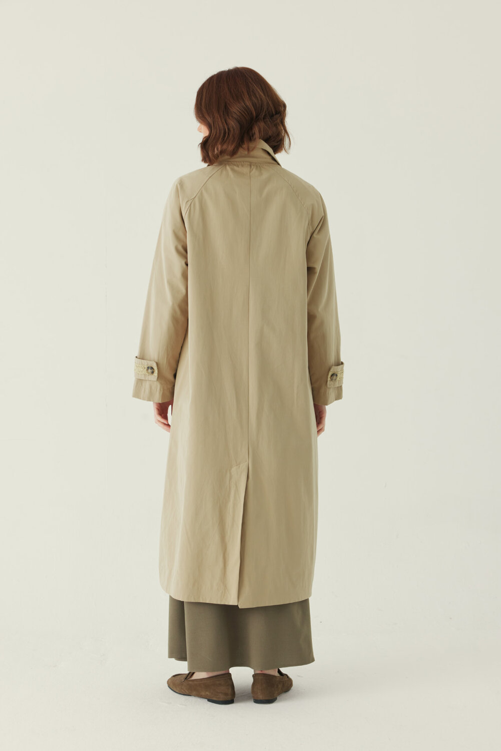 Lace Detailed Long Trench Coat Beige - 5