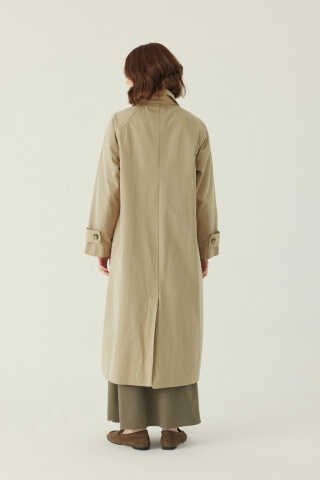 Lace Detailed Long Trench Coat Beige - 5