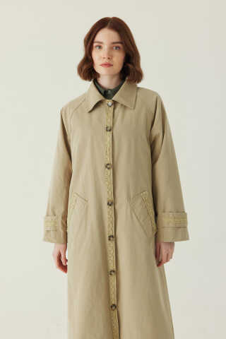 Lace Detailed Long Trench Coat Beige - 4