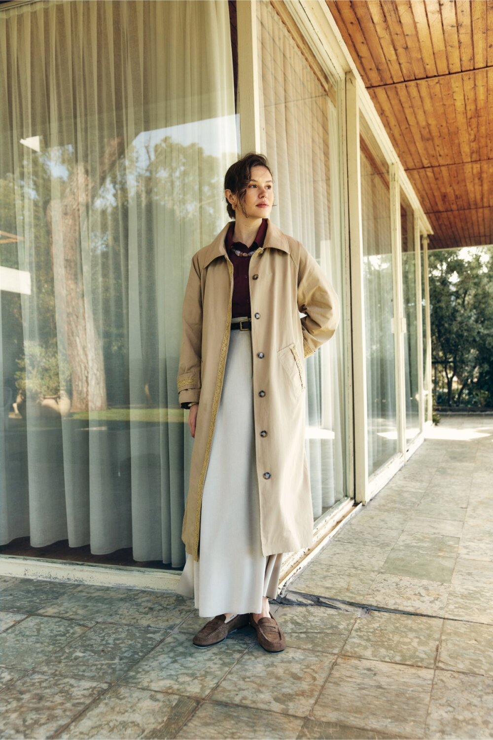 Lace Detailed Long Trench Coat Beige - 2