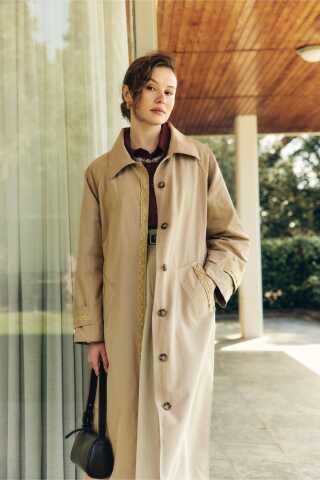 Lace Detailed Long Trench Coat Beige - 1