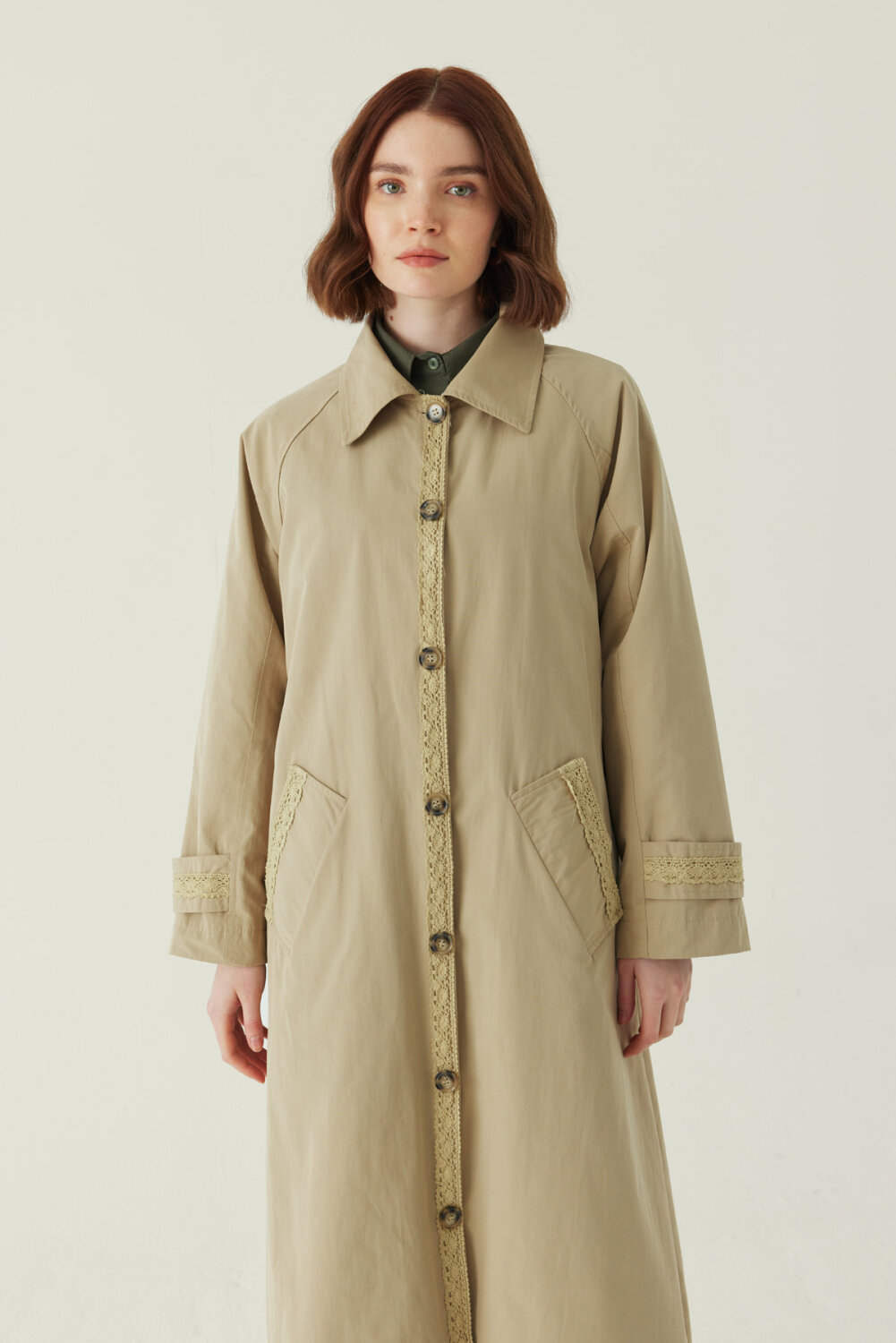 Lace Detailed Long Trench Coat Beige - 2