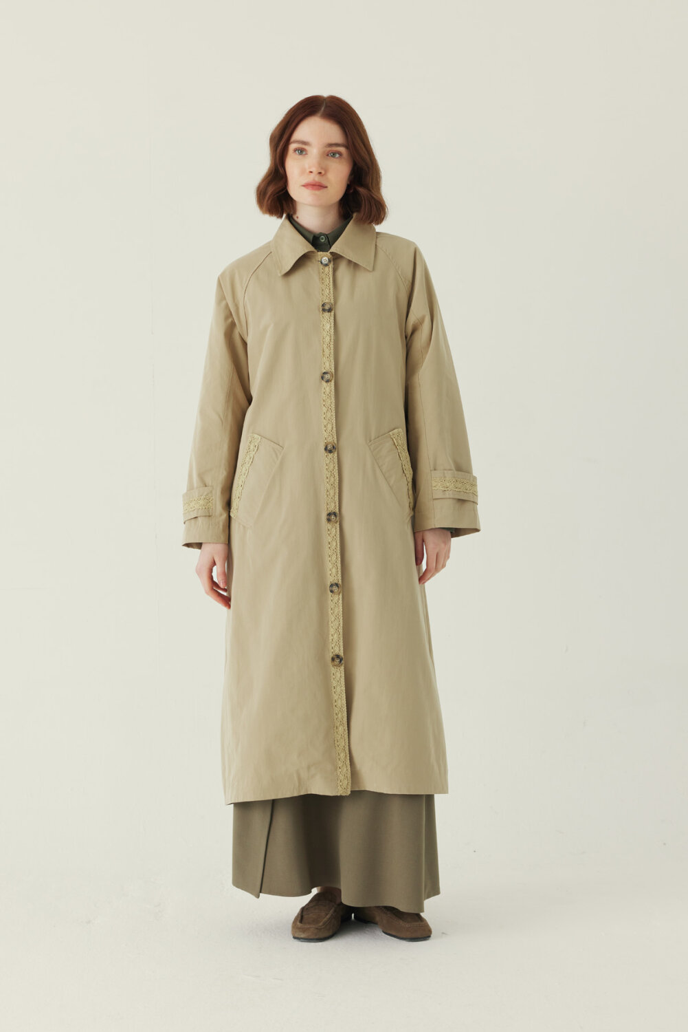 Lace Detailed Long Trench Coat Beige