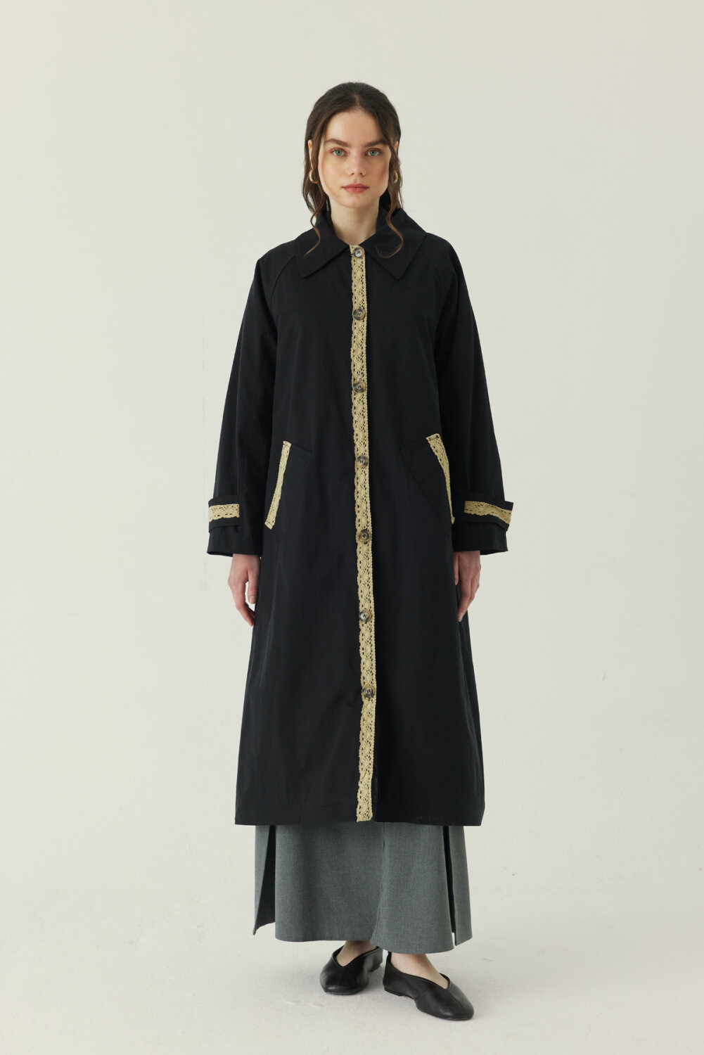 Lace Detailed Long Trench Coat Black - 7