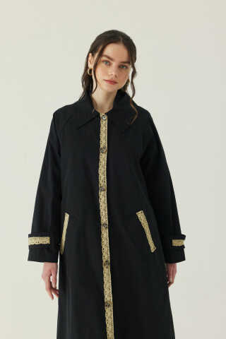 Lace Detailed Long Trench Coat Black - 11
